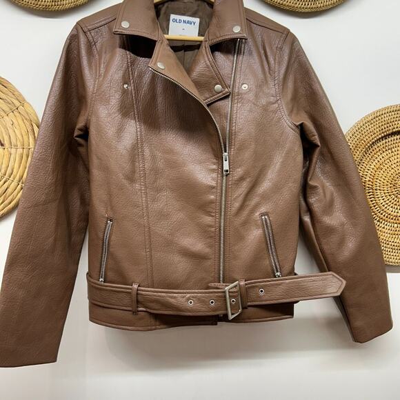Old Navy Neutral Brown Belted Buckle Collared Faux Leather Moto Jacket Medium - Picture 4 of 6